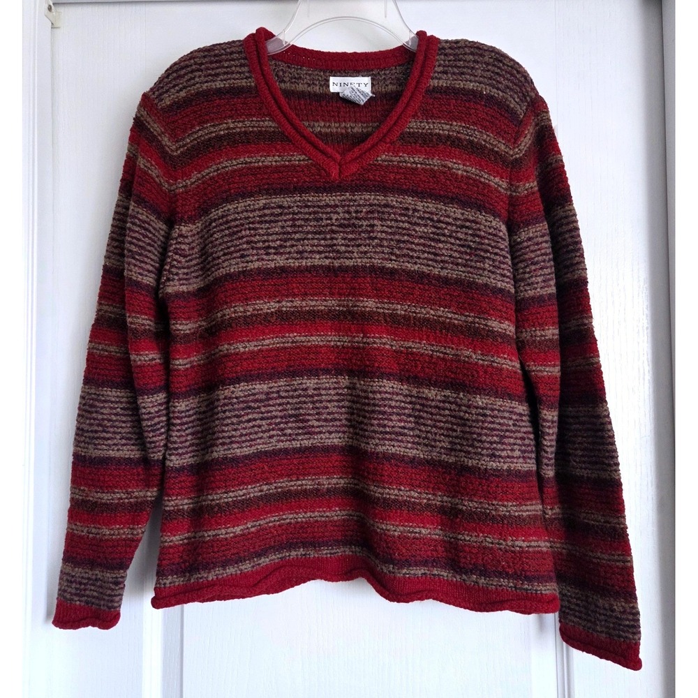 VTG Ninety Red Striped V-Neck Rolled Cuffs Hem Knit Sweater Wool Blend Size L